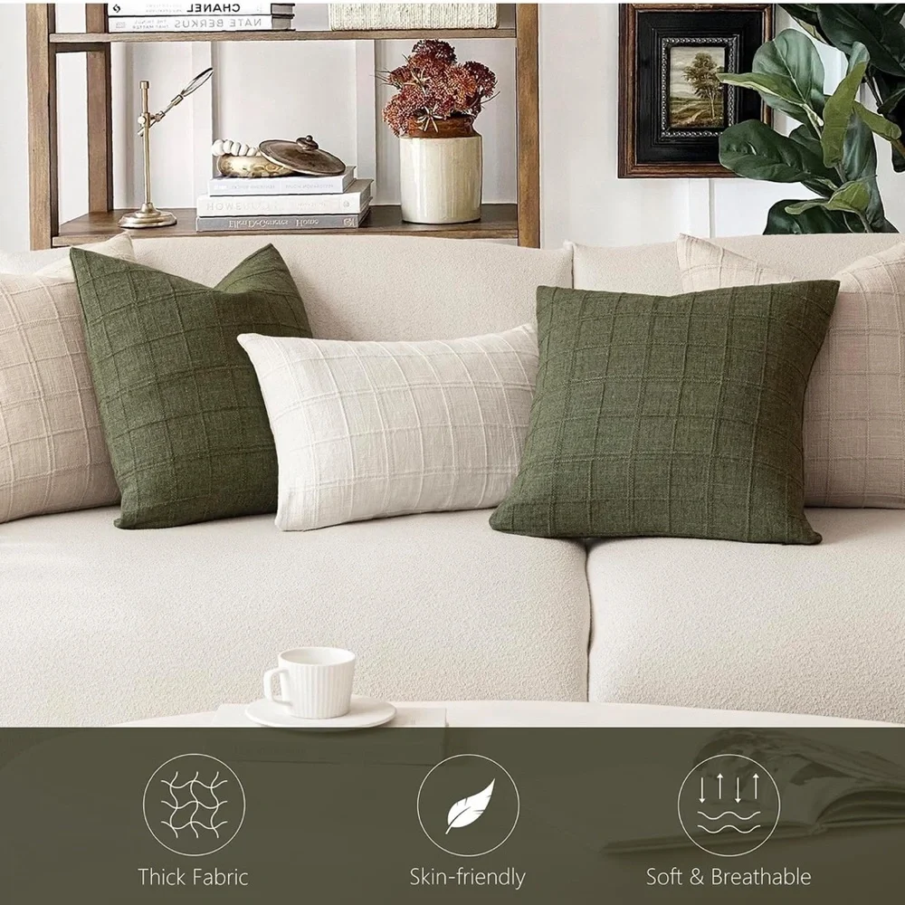Foindtower Set of 2 Decorative Linen Check Throw Pillow Covers new